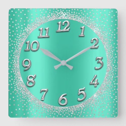 Silver Mint Crystals Confetti Glitter Gray Number Square Wall Clock