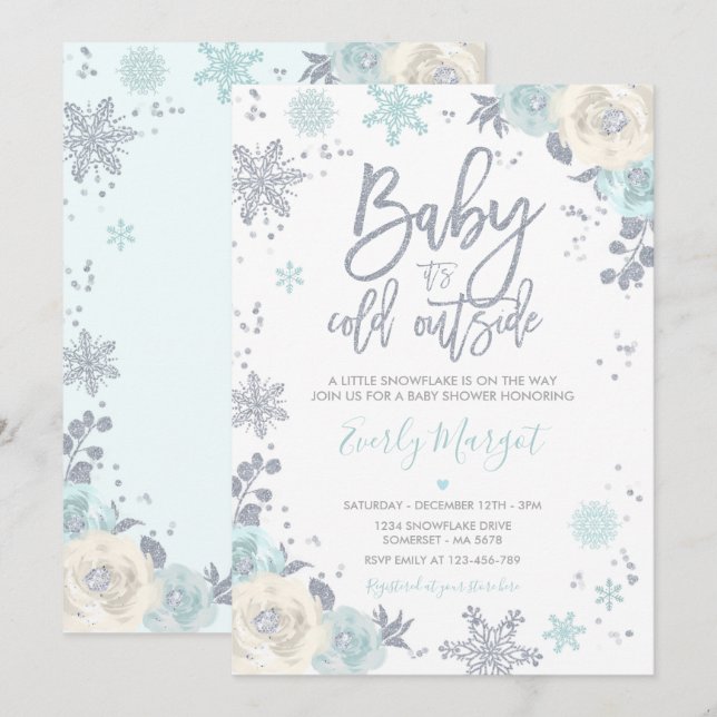 Silver & Mint Floral Winter Baby Shower Snowflake Invitation (Front/Back)