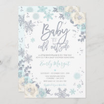 Silver & Mint Floral Winter Baby Shower Snowflake Invitation