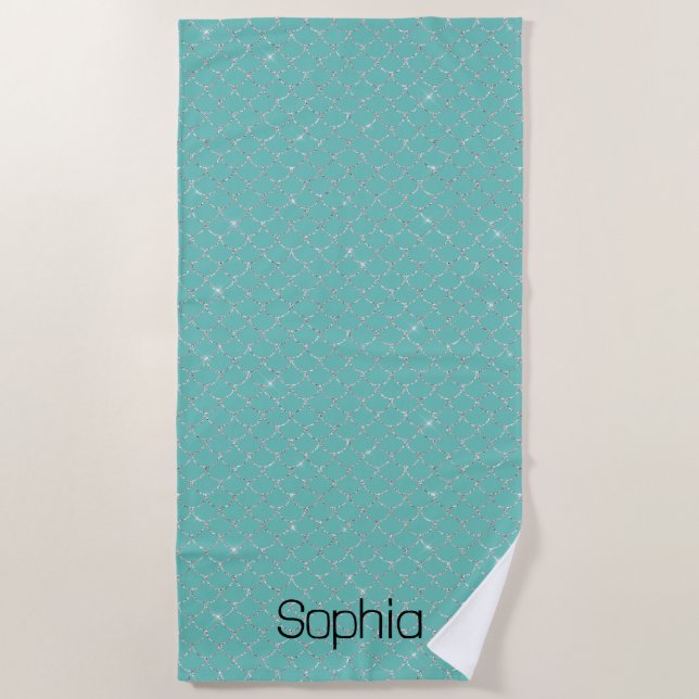 Silver Mint Green Mermaid Name Beach Towel (Front)