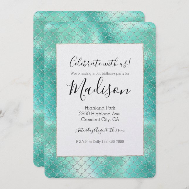 Silver Mint Mermaid Birthday Invitation (Front/Back)