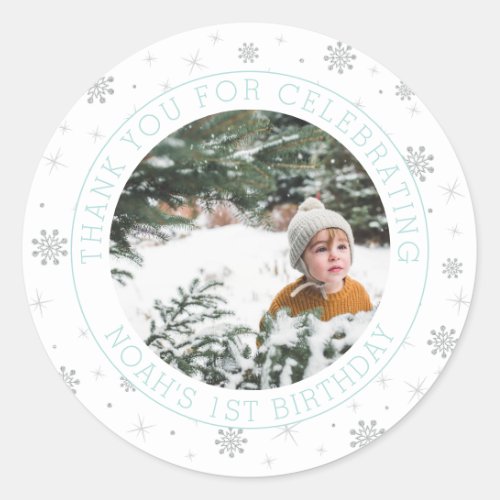 Silver  Mint Snowflake  1st Birthday Party Photo Classic Round Sticker