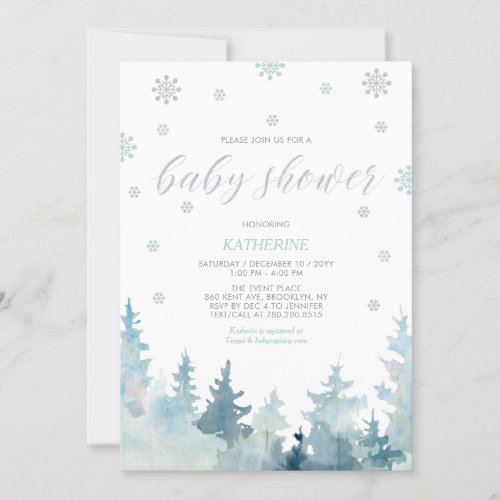 Silver  Mint Snowflake Winter Forest Baby Shower Invitation