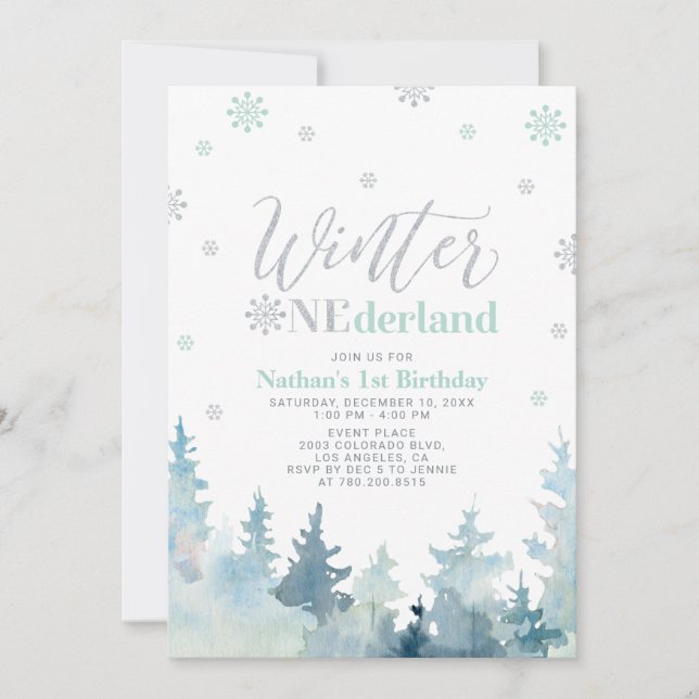 Silver & Mint Winter onederland 1st birthday party Invitation (Front)