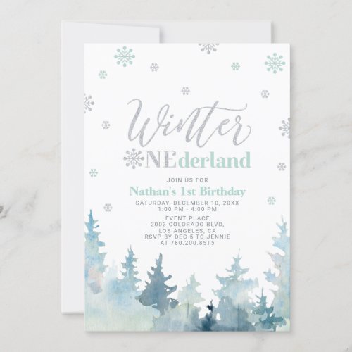Silver  Mint Winter onederland 1st birthday party Invitation