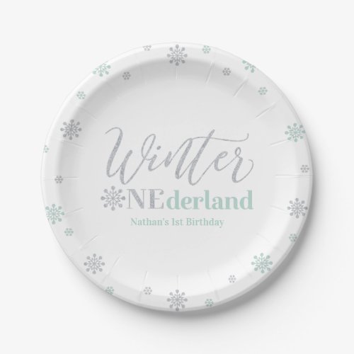 Silver  Mint Winter Onederland 1st Birthday Party Paper Plates