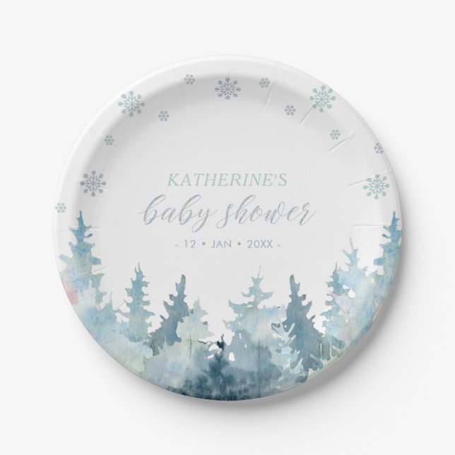 Silver & Mint Winter Wonderland Snow Baby Shower Paper Plates (Front)