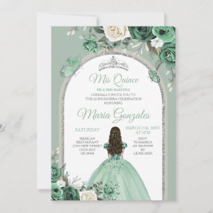 Silver Mis Quince Dusty Green Floral Quinceañera Invitation