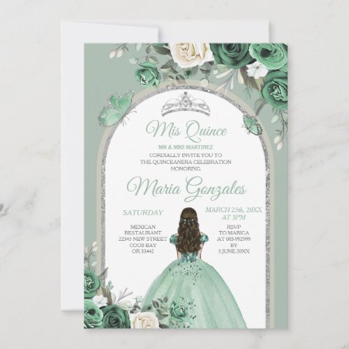 Silver Mis Quince Dusty Green Floral Quinceaera Invitation