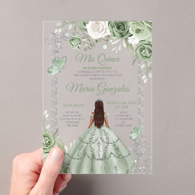 Silver Mis Quince Sage Green Floral Quinceañera Acrylic Invitations (Insitu (Handheld))