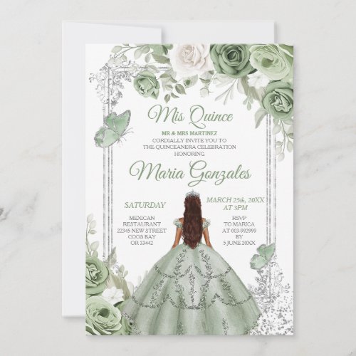 Silver Mis Quince Sage Green Floral Quinceaera Invitation