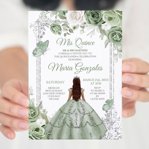 Silver Mis Quince Sage Green Floral Quinceaera Invitation