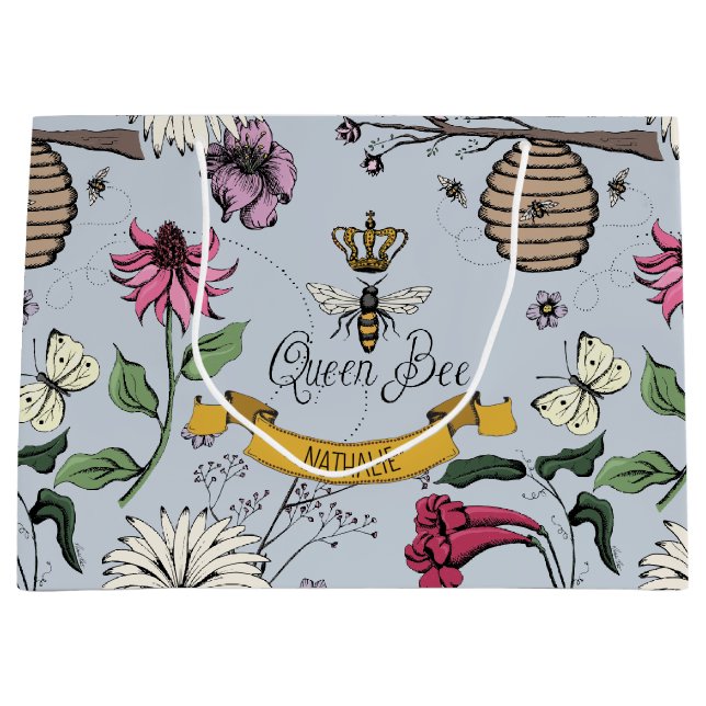 Silver Mist, Black and Gold Queen Bee, Royal Crown Large Gift Bag (Front)