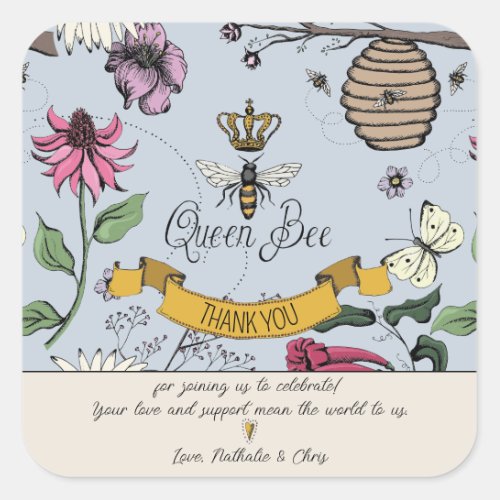 Silver Mist  Black Queen Bee and Crown Thank You Square Sticker