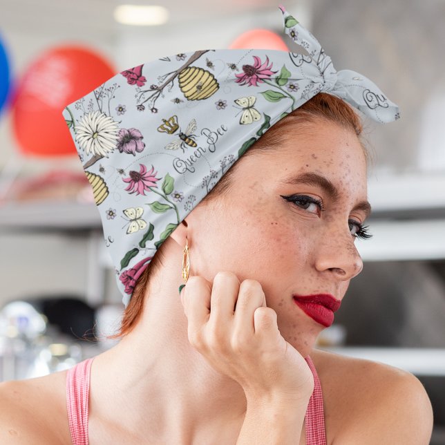 Silver Mist Queen Bee Light Blue Floral Pattern Bandana (Light Blue Queen Bee Floral Bandana. Queen Bee, Crown, Beehive, Typography, Exotic Flowers, Bees :)))