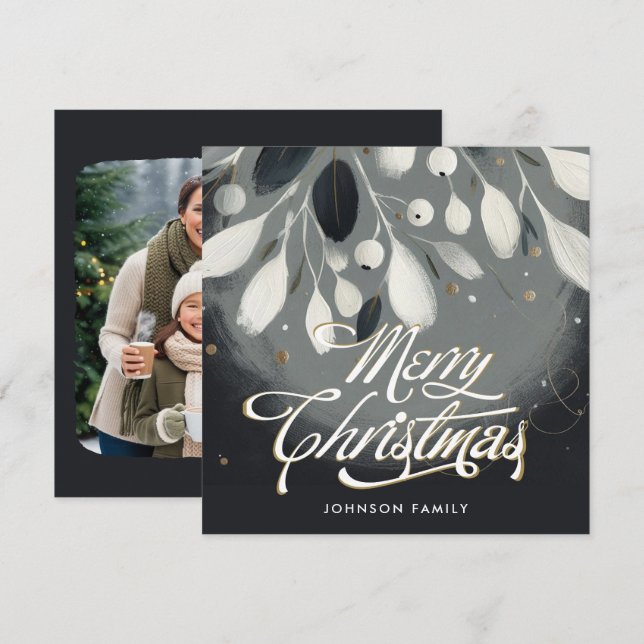 Silver mistletoe wreath Flat Holiday Card (Front/Back)
