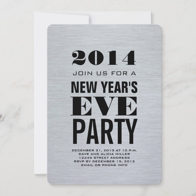 Silver Modern 2014 New Year's Eve Party Invitation (Front)