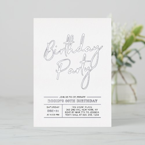 Silver Modern Brush Script Adult Birthday Party