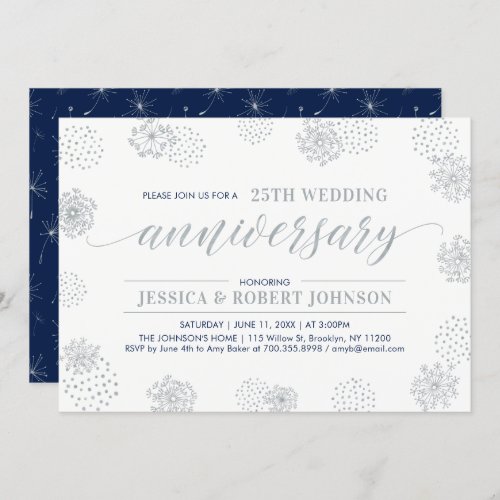 Silver  Modern Floral 25th Wedding Anniversary Invitation