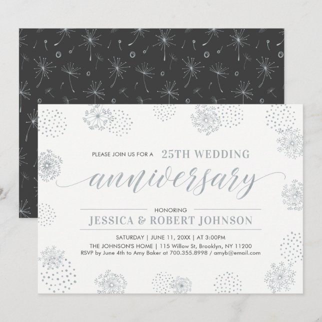 Silver | Modern Floral 25th Wedding Anniversary Invitation (Front/Back)