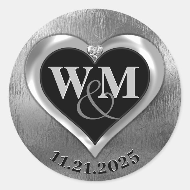 Silver Modern Glam Monogram Classic Round Sticker (Front)