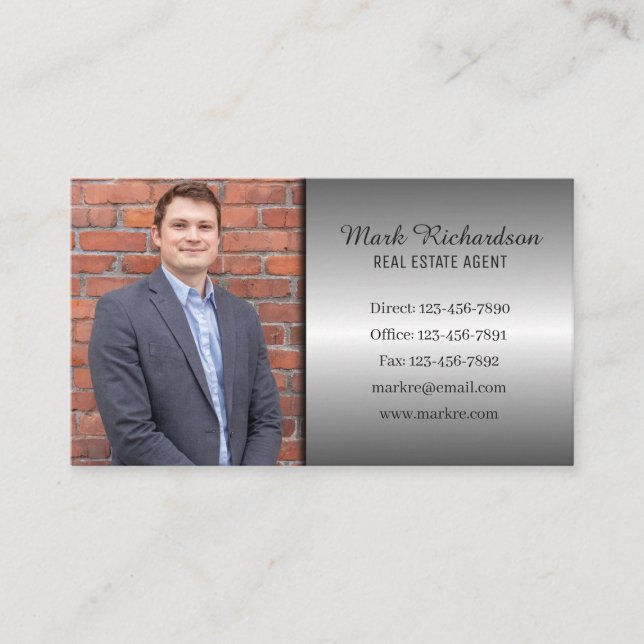 Silver Modern Real Estate Agent Simple Photo Logo Business Card (Front)