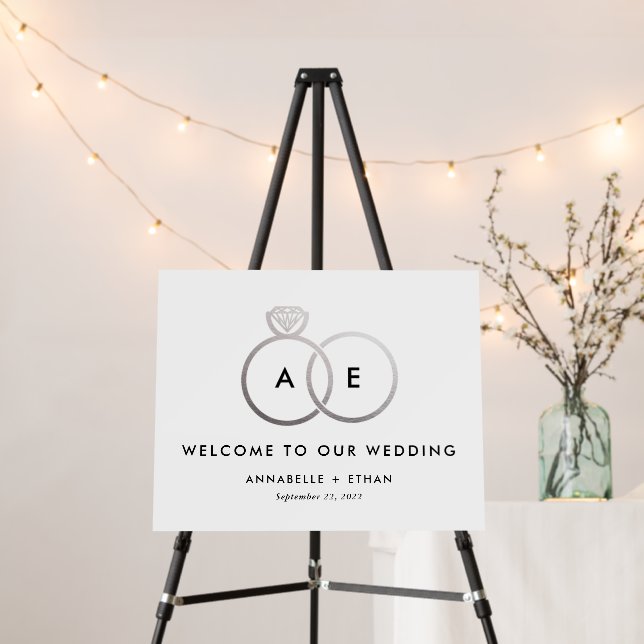 Silver Modern Rings Wedding Welcome Sign (In Situ (Stand))