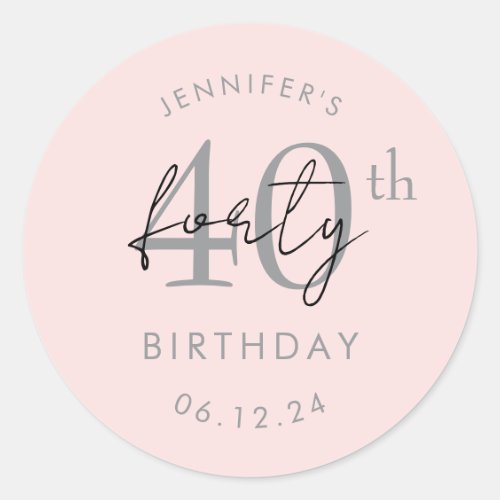 Silver Modern Script 40th Birthday Party Blush Classic Round Sticker