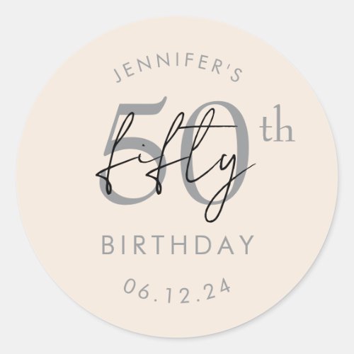 Silver Modern Script 50th Birthday Party Champagne Classic Round Sticker