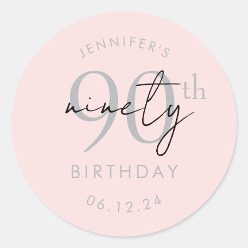 Silver Modern Script 90th Birthday Party Blush Classic Round Sticker