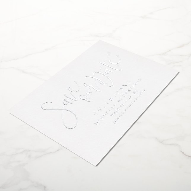 Silver Modern Script Simple Save The Date Foil Invitation (Rotated)