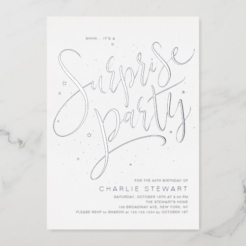 Silver Modern Simple Script Surprise Party Foil Invitation