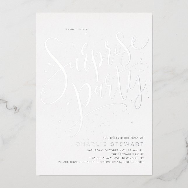 Silver Modern Simple Script Surprise Party Foil Invitation (Front)
