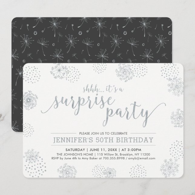 Silver | Modern Surprise 50th Birthday Party Invitation (Front/Back)