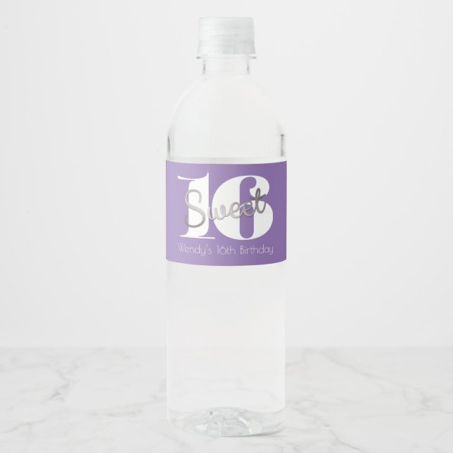 Silver & Modern, Sweet 16 Water Bottle Label (Front)