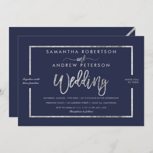 Silver modern typography navy blue chic wedding invitation