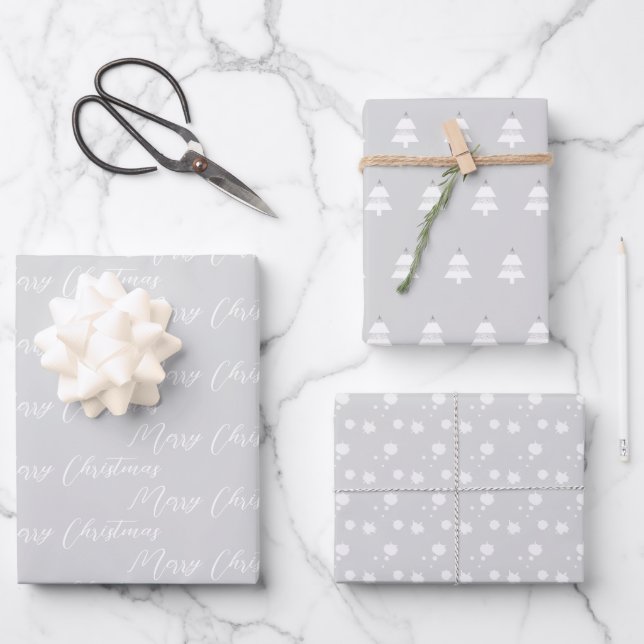 Silver & Modern White Christmas Tree  Wrapping Paper Sheets (Front)