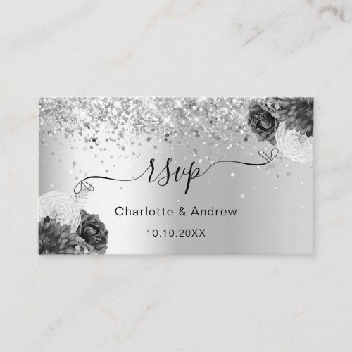 Silver monochrome wedding website RSVP QR code Enclosure Card