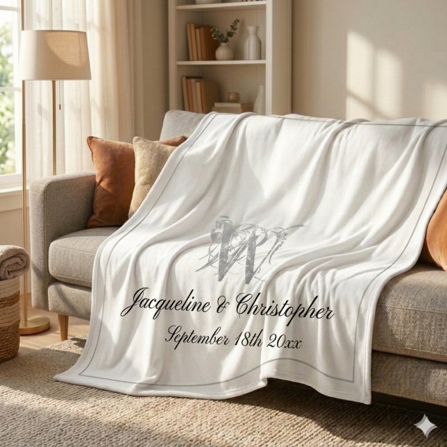 Silver Monogram Border Black Script White Newlywed Fleece Blanket (Comfy and elegant. A lovely keepsake. Make it yours today!)