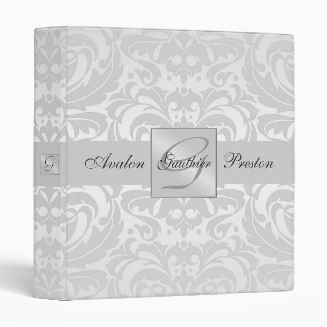 Silver Monogram Damask Wedding Binder (Front/Spine)
