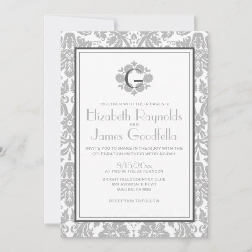 Silver Monogram Damask Wedding Invitations