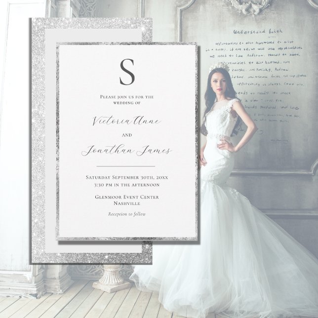 Silver Monogram Elegant Modern Wedding Invitation (Creator Uploaded)