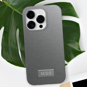 Silver Monogram Faux Brushed Metal Look iPhone 15 Pro Max Case