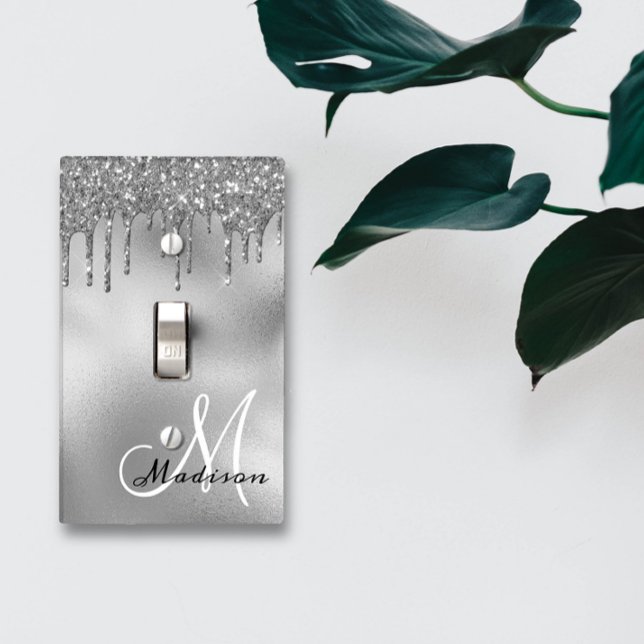 Silver Monogram Faux Glitter Drips Pretty Girly Light Switch Cover (Creator Uploaded)