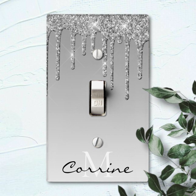 Silver Monogram Glitter Drips Pretty Platinum Grey Light Switch Cover (Creator Uploaded)