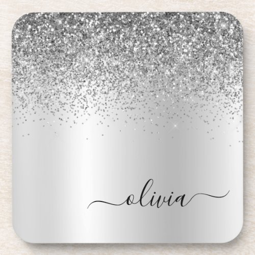 Silver Monogram Glitter Sparkle Girly Script Beverage Coaster