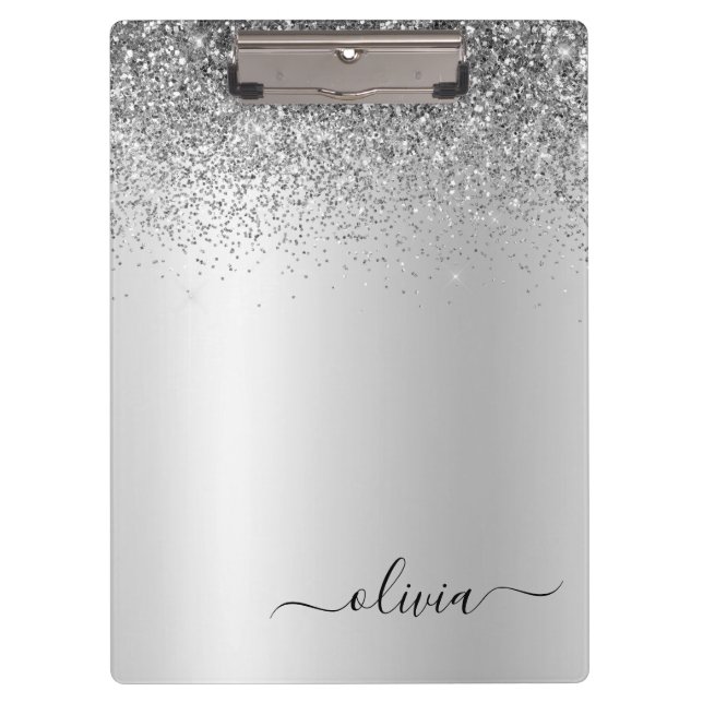Silver Monogram Glitter Sparkle Girly Script Clipboard (Front)