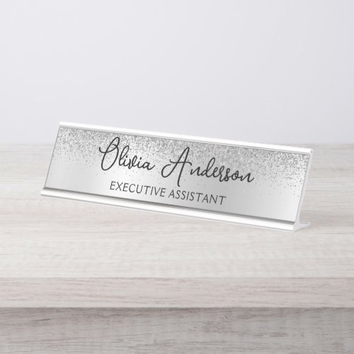 Silver Monogram Glitter Sparkle Girly Script Desk Name Plate