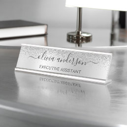 Silver Monogram Glitter Sparkle Girly Script Desk Name Plate