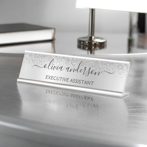 Silver Monogram Glitter Sparkle Girly Script Desk Name Plate